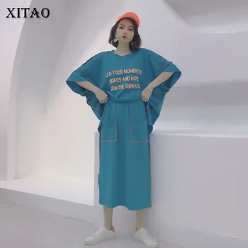 

XITAO Korean Style Solid Color O Neck Print Letter Loose Plus Size Casual Batwing Waist Suits Summer Fashion New Women GCC3437