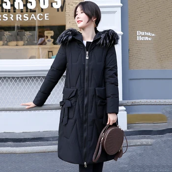 

High Quality 2019 Women Winter Jacket Hooded Faux Fur Collar Female Long Coat Padded Parka
