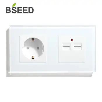 

BSEED EU Standard Socket With Double USB Charger Wall Socket White Black Gloden Crystal Glass Panel 100V-240V