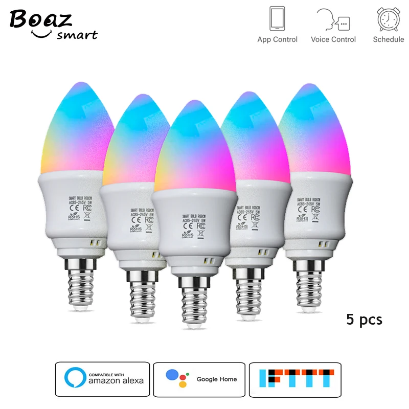 

BOAZ smart E12 Candle Light WiFi RGBCW Warm white Led Bulb Light Voice Control by Alexa Echo Google Home 2.4G WiFi Control by T