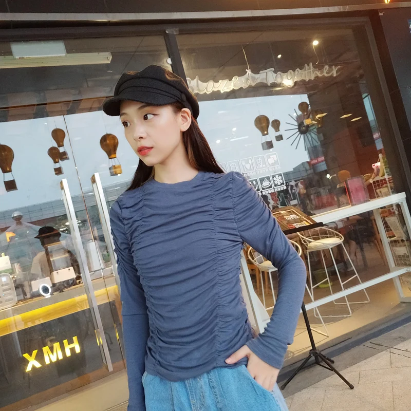 Retro Long Sleeve Pullover Tshirt Women Spring and Autumn New Temperamen Pleated T-shirt Woman All-match Tops T Shirts Tee