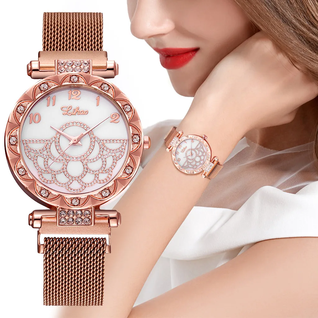 

YOLAKON women's quartz watch black stainless steel strap watch female casual fashion magnetic buckle flower dial watch
