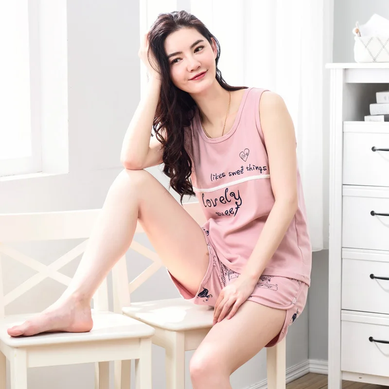 

2020 New Style Sleeveless Pure Cotton Pajamas Simple Women's Tracksuit Summer Thin Section Tank Top Leisure Suit