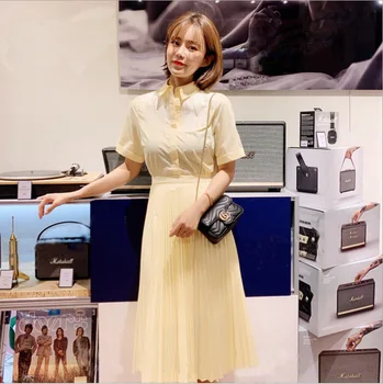 

Women Dress 2019 New Shirt Collar Pleated Dress Waist Cutout Women's Dress
