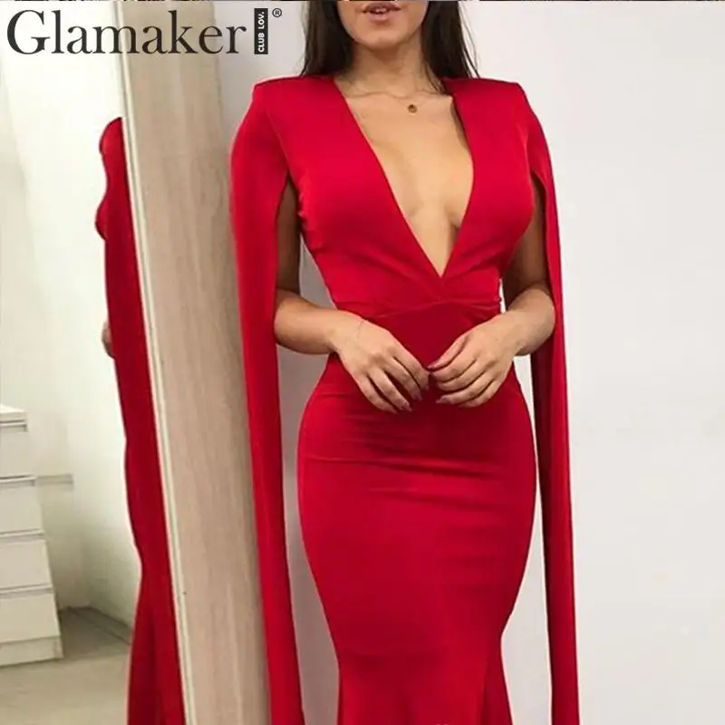 Glamaker, красное вечернее платье с v-образным вырезом, элегантное женское облегающее длинное платье с рукавами-плащами, платье русалки, платье для зимней и осенней рождественской вечеринки, Клубное платье