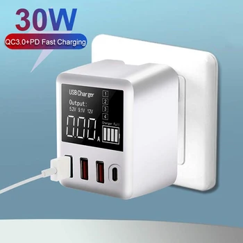 

30W Quick Charge 3.0 USB Charger PD Type C HUB LED Display Wall Charger Fast Mobile Phone Charger For iPhone Samsung USB Adapter