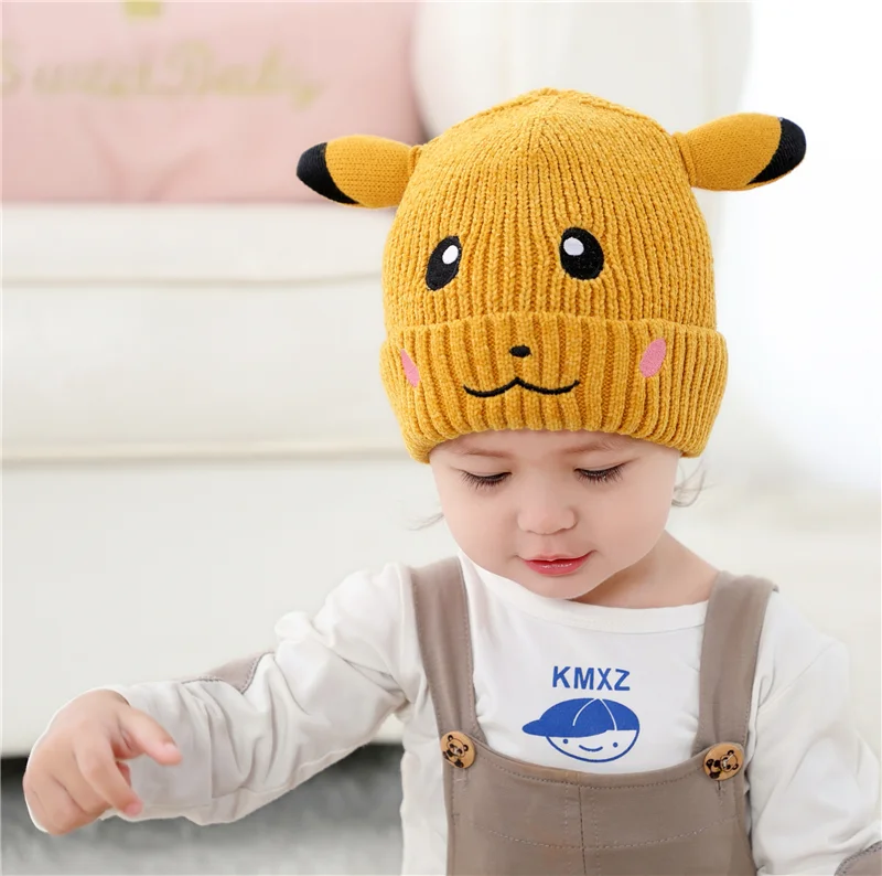 Вязаная Зимняя шапочка для детей 1-5 лет, Шапочка-бини с мультяшным рисунком, одноцветная шапка унисекс