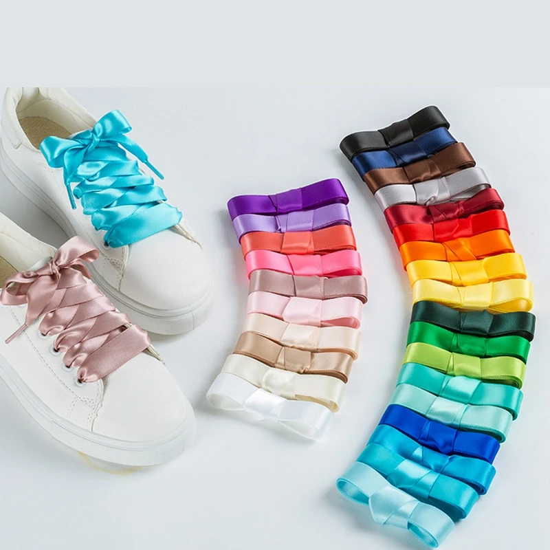 1Pair Wide Flat Satin Ribbon Shoelaces Sneaker Sport Shoes Lace Candy Color BUlk