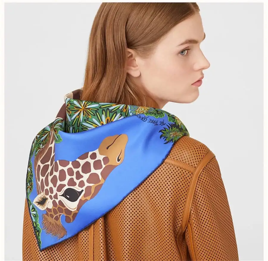 

Hand Rolled Silk Square Scarf Women 90 90 Satin Scarfs Giraffe Animal Vintage Head Neck Scarfs Shawl Female Foulard Femme Ladies