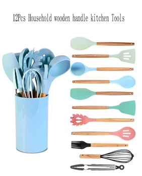 

12-Piece Set High Quality Silica Gel Kitchen Ware Set Household Wooden Handle Kitchen Supplies Storage Barrel Tools