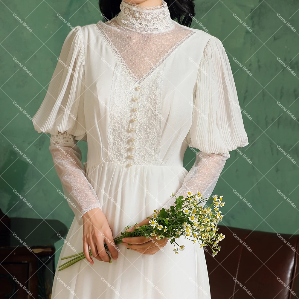 Victorian High Neck Chiffon A Line Bridal Gown Pearl Customized Long Lantern Sleeve Lace Plus Size Pleats Muslim Wedding Dress 6