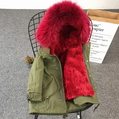 green red Новая зимняя куртка с кроличьим мехом для девочек; Детское пальто с капюшоном и отстегивающимся мехом енота для мальчиков; детские куртки; парки; TZ103 - Цвет: green red