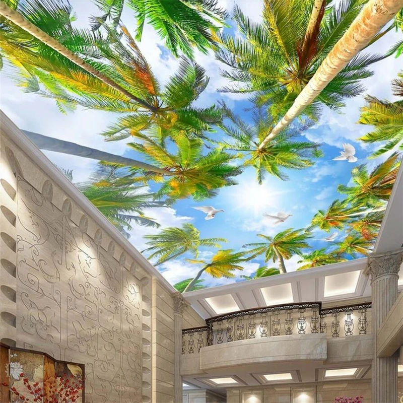Beibehang-Hawaii-summer-coconut-palm-tree-ceiling-painting-blue-sky-and-white-clouds-ceiling-custom-large (2)