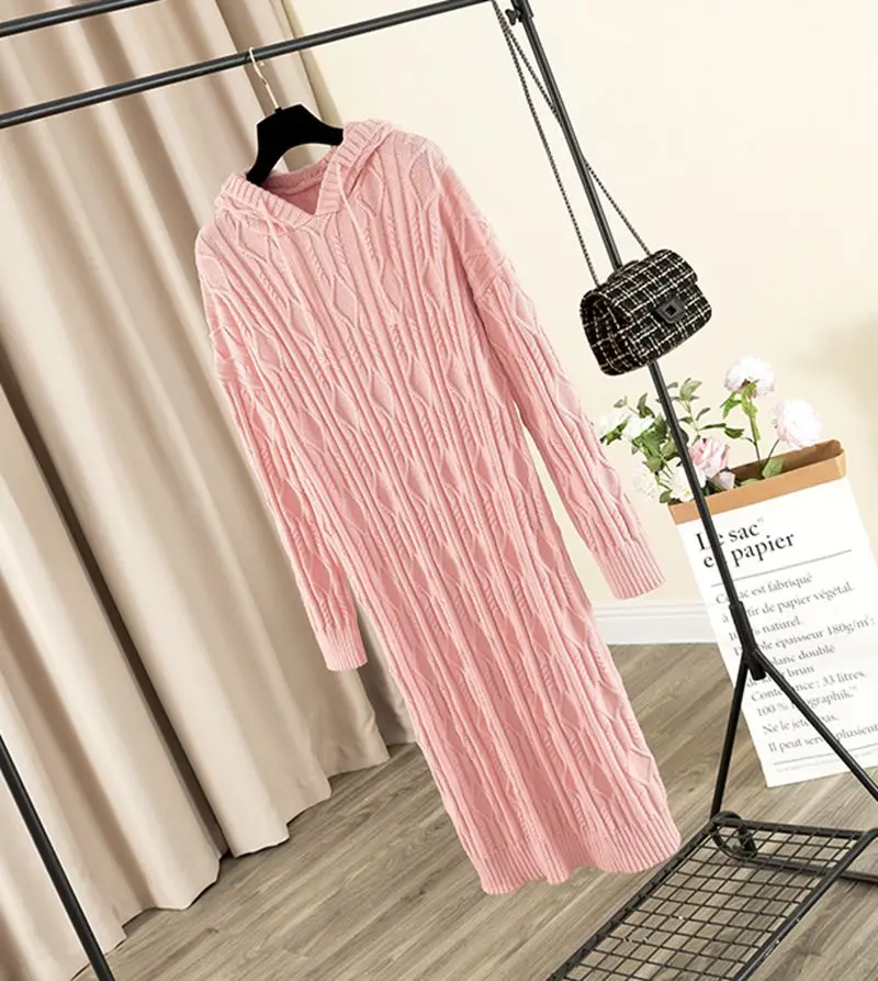 Pink 5288 GIGOGOU плотное длинное трикотажное прямое платье макси с капюшоном грубая игла женское платье-свитер эластичный джемпер платье миди для рождественской вечеринки - Цвет: Pink 5288