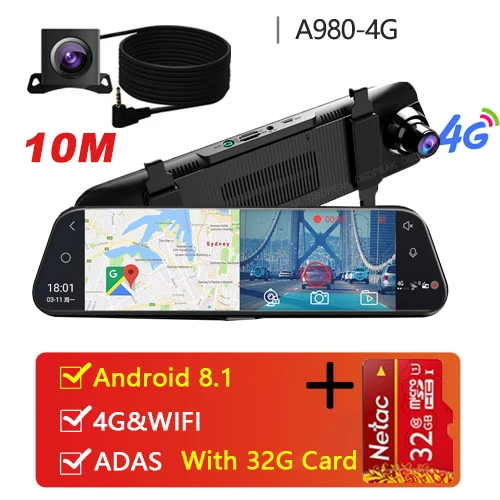 A980 10M With 32G Автомобильный видеорегистратор A980, 4G, Android 8,1, ADAS, 10 дюймов, СТРИМ, медиа, видеорегистратор, автомобильная камера, видеорегистратор, gps навигация, 1080 P, wifi - Название цвета: A980 10M With 32G