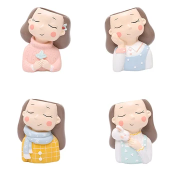 

BESTLittle Warm Girl Planter Set - 4Pcs Resin Succulent Plants Planter Pot Mini Bonsai Cactus Flower Pot Home Decor Rabbit Craft