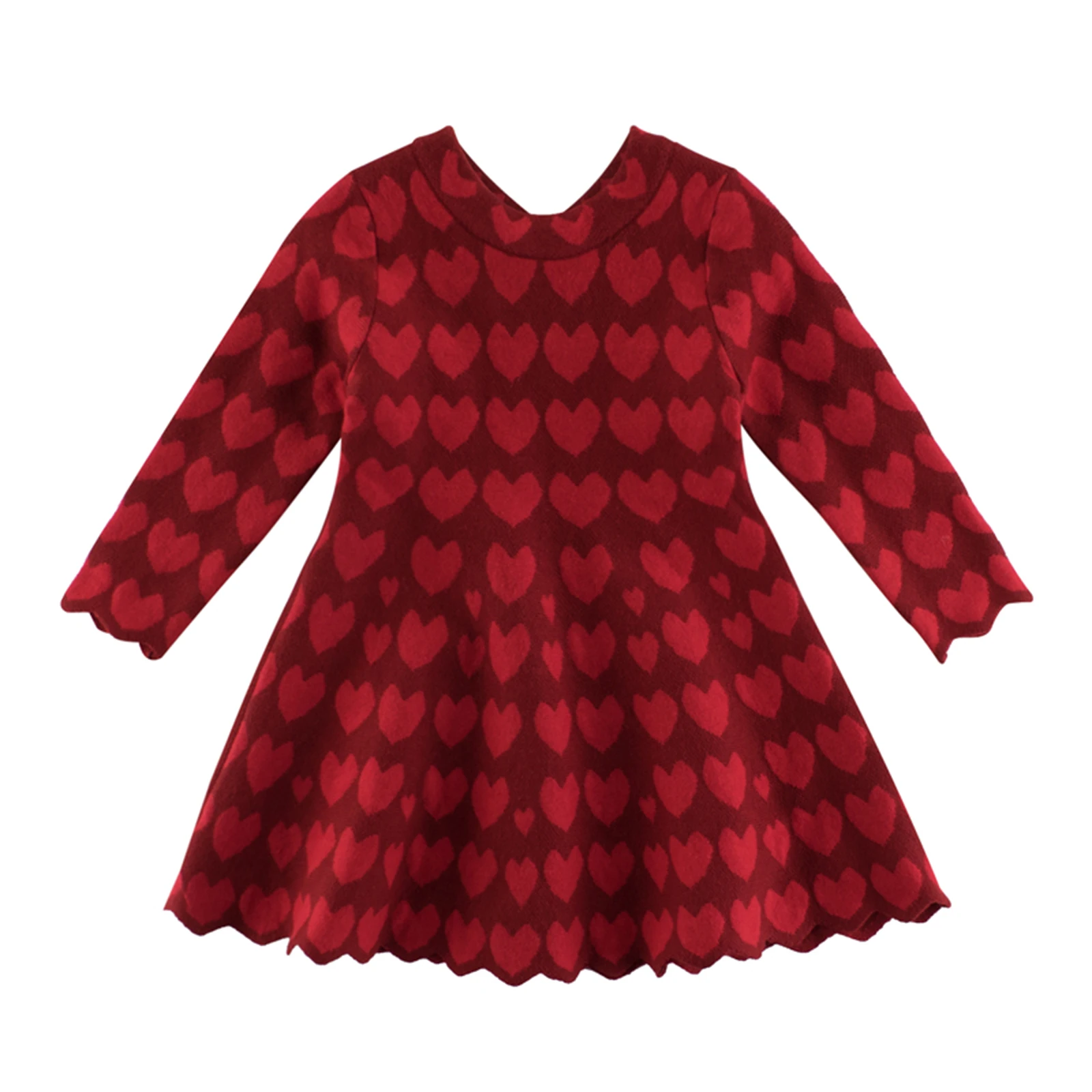 

Autumn Winter Sweet Kids Girls Dress Heart Print Long Sleeve Knit A-Line Dress One Piece 1-7Y