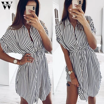 

Dress Women Summer Drawstring Bandage Dresses Striped A-Line Casual Dress Turn-down Collar Party Backless Dresses Vestido 4.23