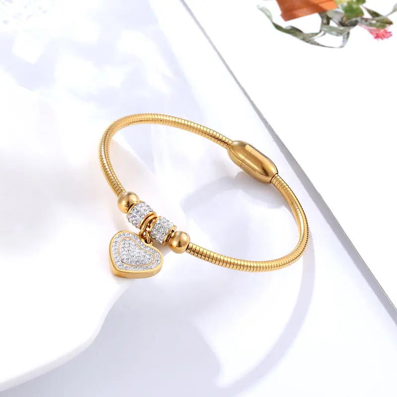 Beautiful Full Zircon Heart Bracelet Bangle Stainless Steel Top Quality Gold Color Jewelry For Women Love Bangle Wedding Gift