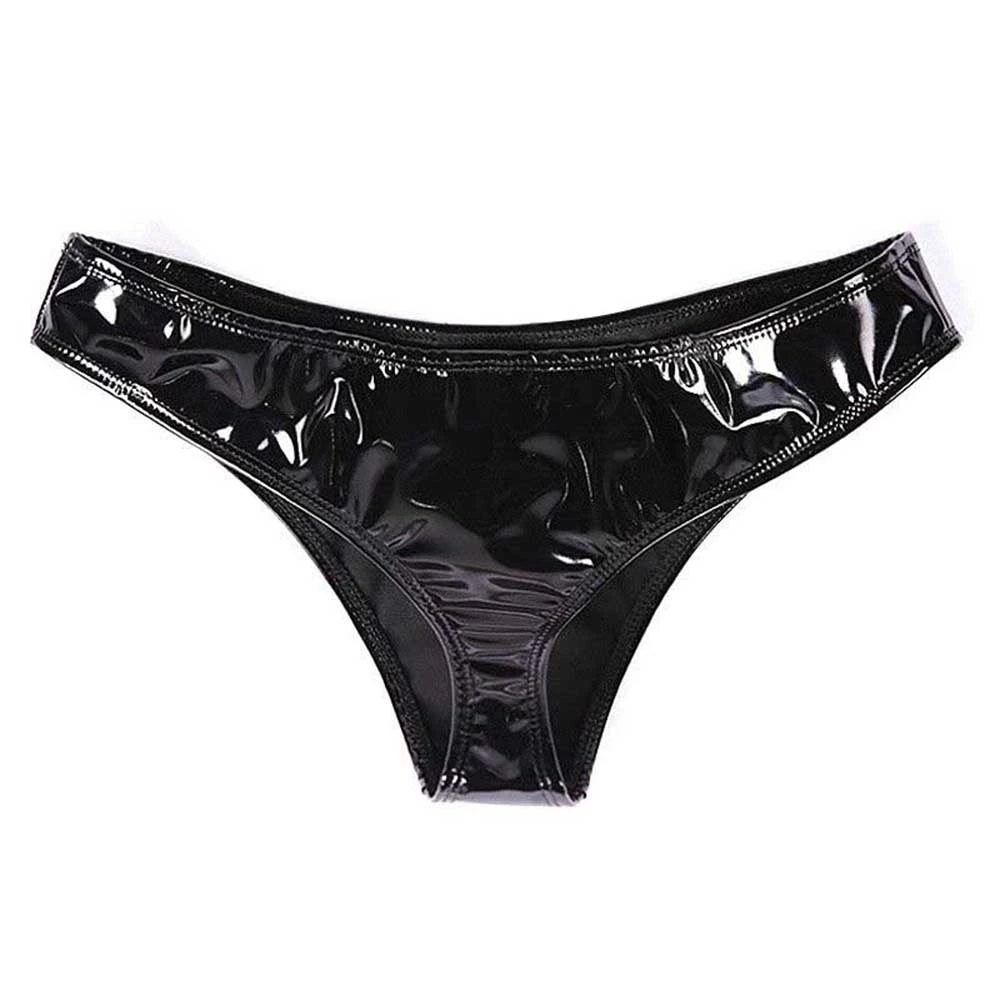 Womens Wet Look Leather Lace G-string Panties Lingerie Underwear Briefs Knickers