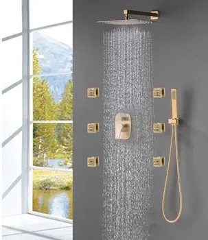 

Bathroom Square 12 Inch Rainfall Shower Faucet System With 6 PCS Body Jets Mixer Set (Wall Mount, Brushed Gold)