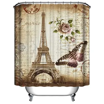 

Eiffel Tower & Flower Waterproof Shower Curtain Polyester Fabric Bath Bathing Bathroom Curtains with Hooks for Home Decorations