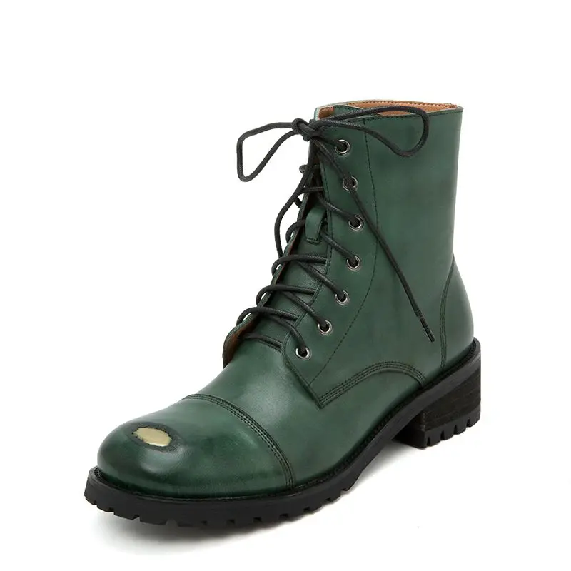 

LIDIAN 2019 NEW LACE UP GENUINE LEATHER BOOTS BLACK RED GREEN MIDDLE HEELS BRUSH TOE