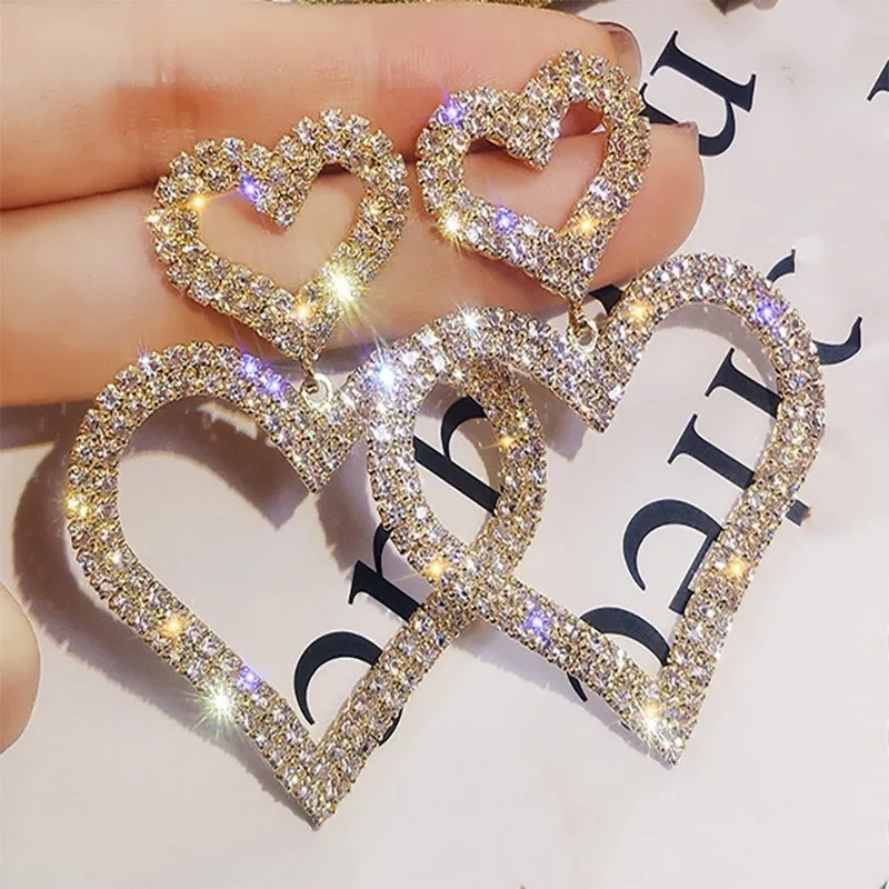 

Exaggerated Shiny Crystal Double Heart Dangle Earrings for Women Girls Drop Earrings Fashion Jewelry Wedding Gift