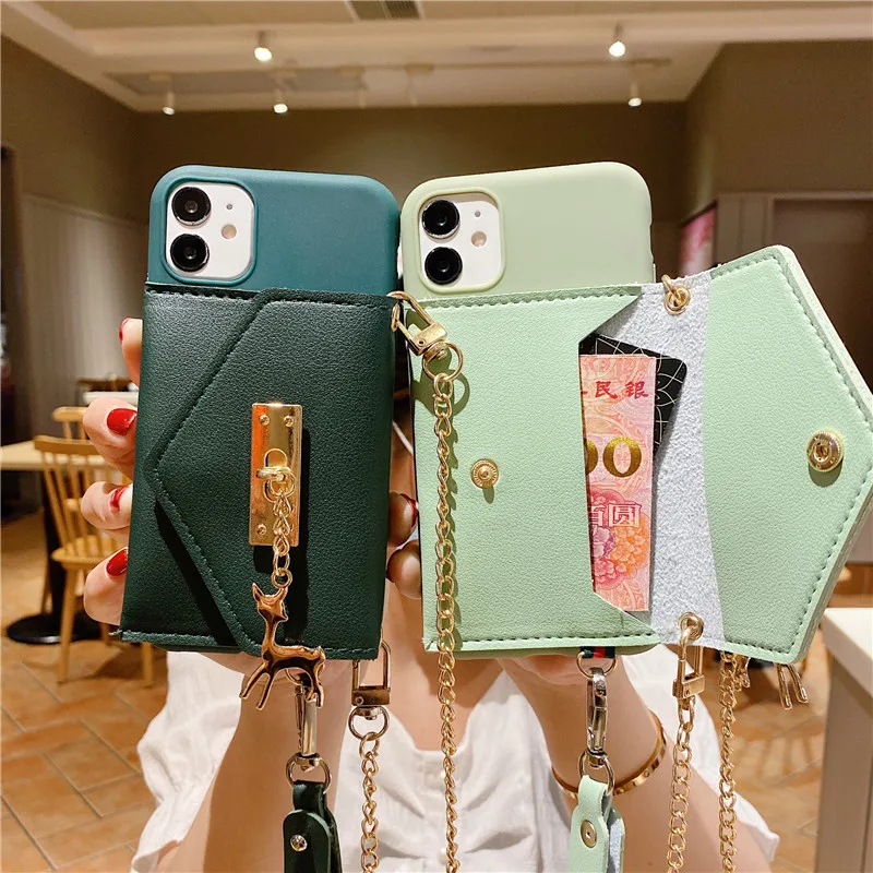 Deer Pendant leather wallet chain Lanyard soft Phone Case For iPhone 12 11 Pro XS Max XR X 6S 7 8 plus for samsung S8 S9 S10 A51
