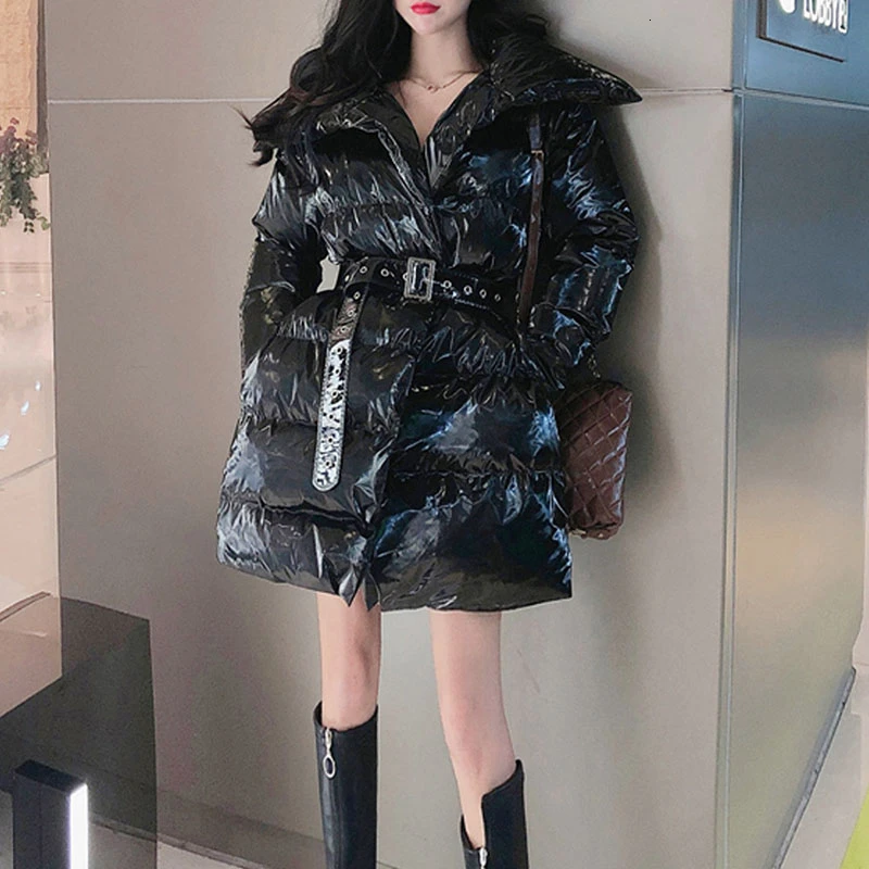 Лакированная кожа Глянцевая зимняя куртка для женщин отложной воротник черные