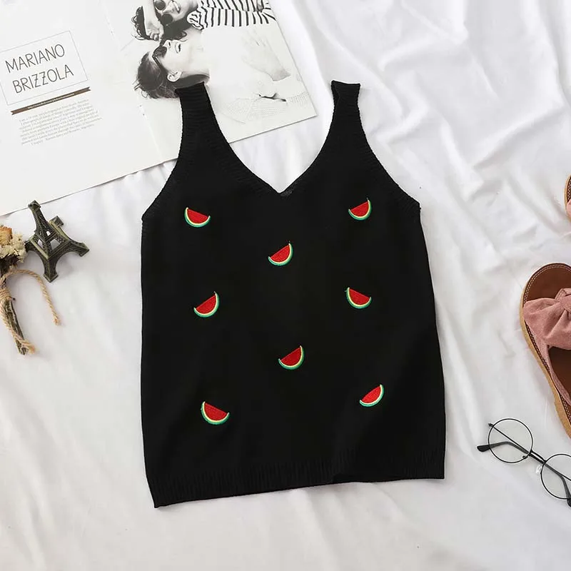 BLACK HELIAR летние спагетти Camisoles женские трикотажные арбуз вышивка кофта с v-вырезом Женская сорочка без рукавов Femme Camis - Цвет: BLACK
