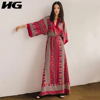 

HG Vintage Plus Size Dress Women Loose Fashion Print Batwing Sleeve V Neck Elegant 2020 New Autumn Dress Goddess Fan ZP3043