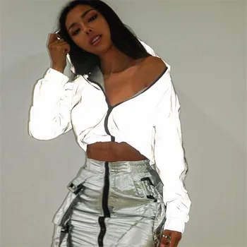 

2019 Spring New Reflective Female Jacket Casual Sport Hooded Short Coat Women Crop Top Casaco Feminino Manteau Femme