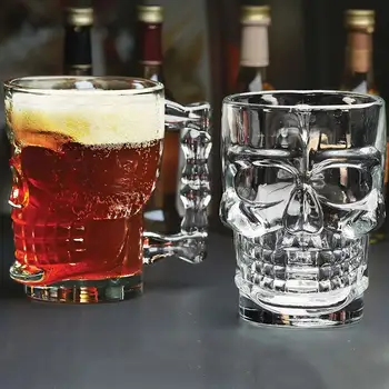 

Skull Head Glass Cup Creative Wine Glass Beer Mug With Handle Milk Juice Cup Bar Club Party Drinkware Halloween Decor 500ML Gift