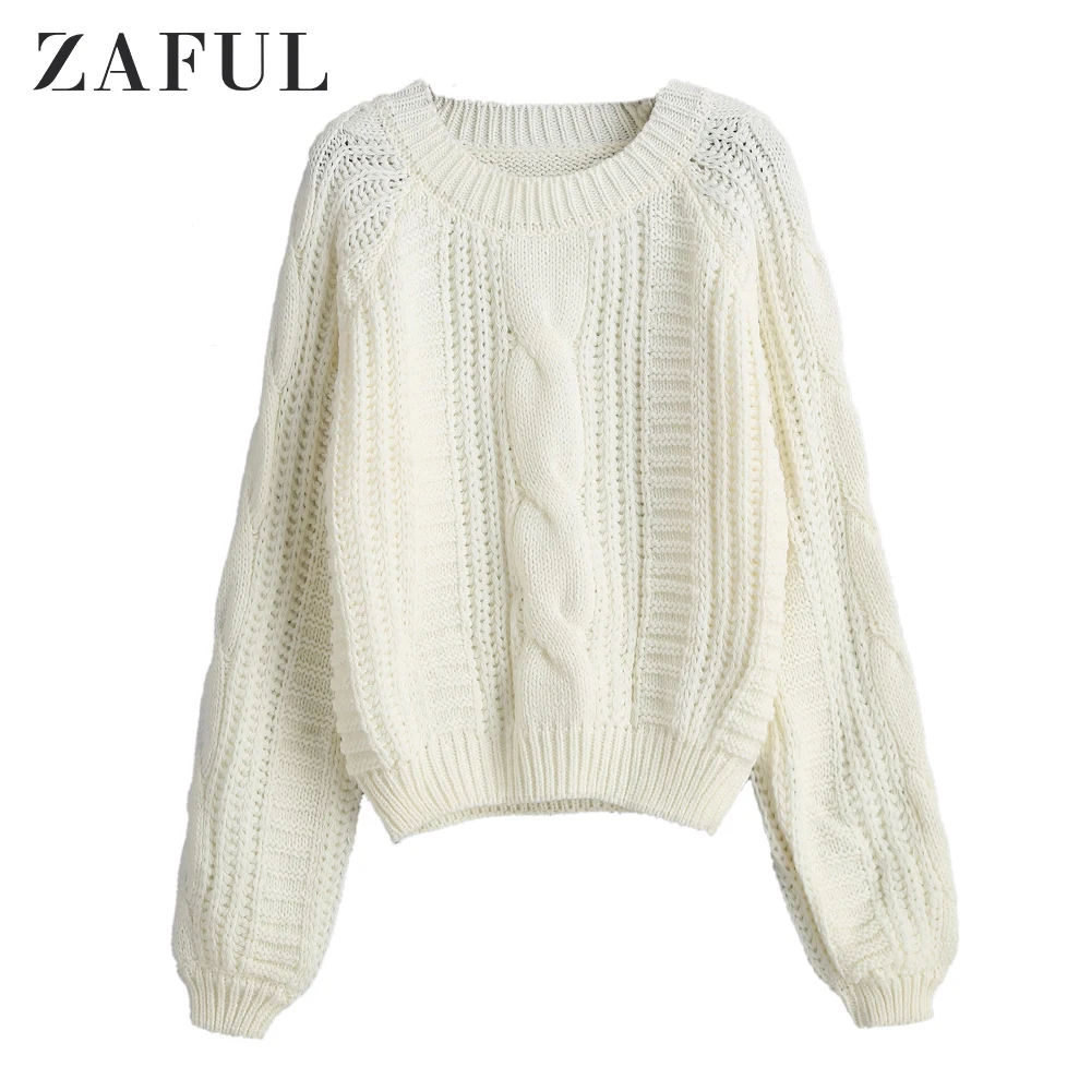 ZAFUL, Однотонный свитер с круглым вырезом, рукав реглан, вязаный свитер, длинный рукав, классические женские топы, свободные, полые, с закрученным узлом, пуловер, свитер