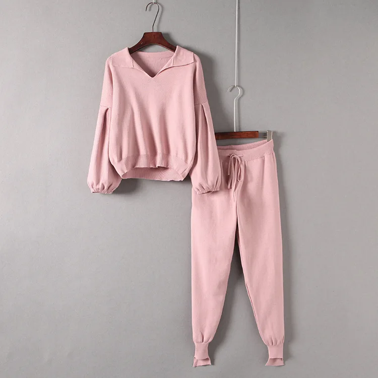 Winter 2 Piece Sweater Set Women Knit Suit Turn-down Collar Casual Short Knitted Suit Korean Clothes New Sweater for Women - Цвет: Розовый
