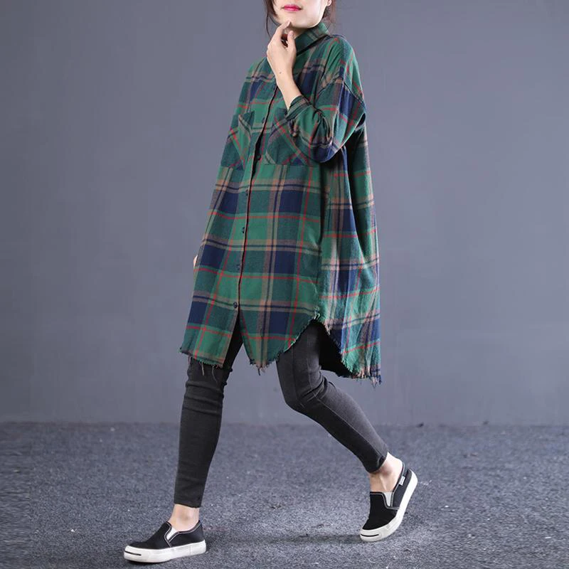 Весна Осень Корея Модные женские свободные рубашки с длинными рукавами двойной карман универсальные повседневные клетчатые Длинные Топы для женщин блуза D424
