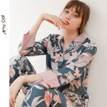 

Cotton 2 Pieces Autumn womens Pajamas Sets Satin Long Sleeves pants Print pajamas for women Sleepwear Nightwear Homewear Suit