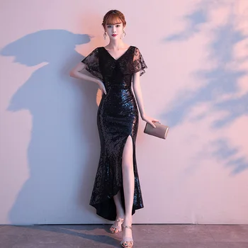 

Black V-neck Women Cheongsam Butterfly Sleeve Evening Party Gown Sexy Elegant Chinese Qipao Dress High Split Vestidos De Festa