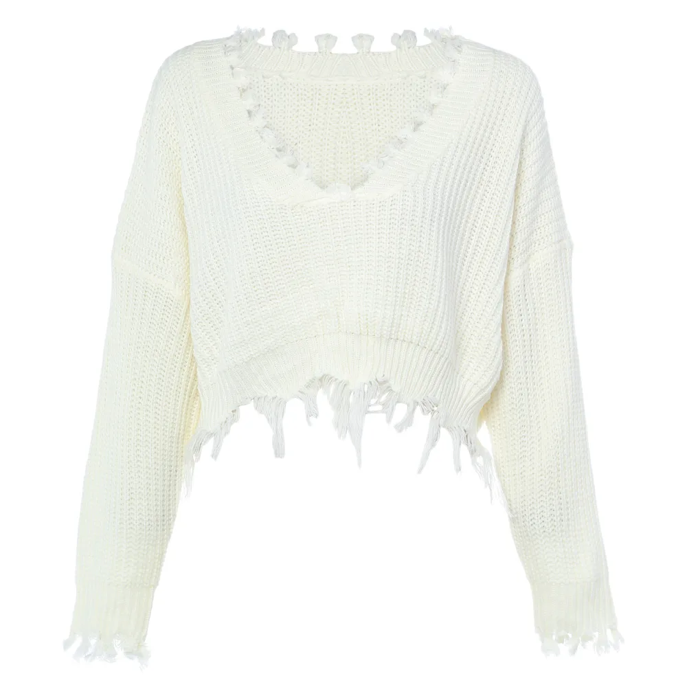 AREQW Knitted Sweater Autumn Women One Size Ripped V Neck Loose Sweater Pullovers Ladies Solid Color Tassel Sweaters Tops 2019 AREQW Knitted Sweater Autumn Women One Size Ripped V Neck Loose Sweater Pullovers Ladies Solid Color Tassel Sweaters Tops 2019