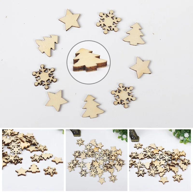 1Set(50Pcs) DIY Crafts Christmas Pendant Carve Natural Wood Chip Ornaments Scrapbooking Embellishments Home Decor