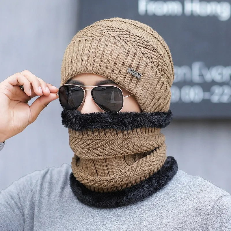 Шерстяная Вязаная утолщенная осенняя и зимняя шапка и шарф, ветрозащитная Защитная теплая шапка для мужчин