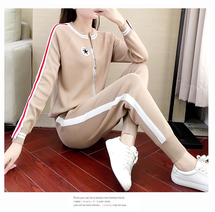 Autumn Winter New Pattern Women Fashion Round Collar Long Sleeves Loose Knitting Cardigan Top+Leisure Trousers motion Set