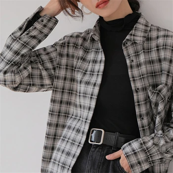

Korean Pockets Ladies Blouses Casual Plaid Cardigans Basic Tops And Blouses Fashion Turn-down Collar Chic Shirts Blusas Mujer