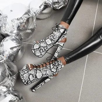 

Nightclub Serpentine Platform High Heels Women Fashion Thick Lace Up High Heels 17cm Heels Platform Sandals Party Wedding Shoes