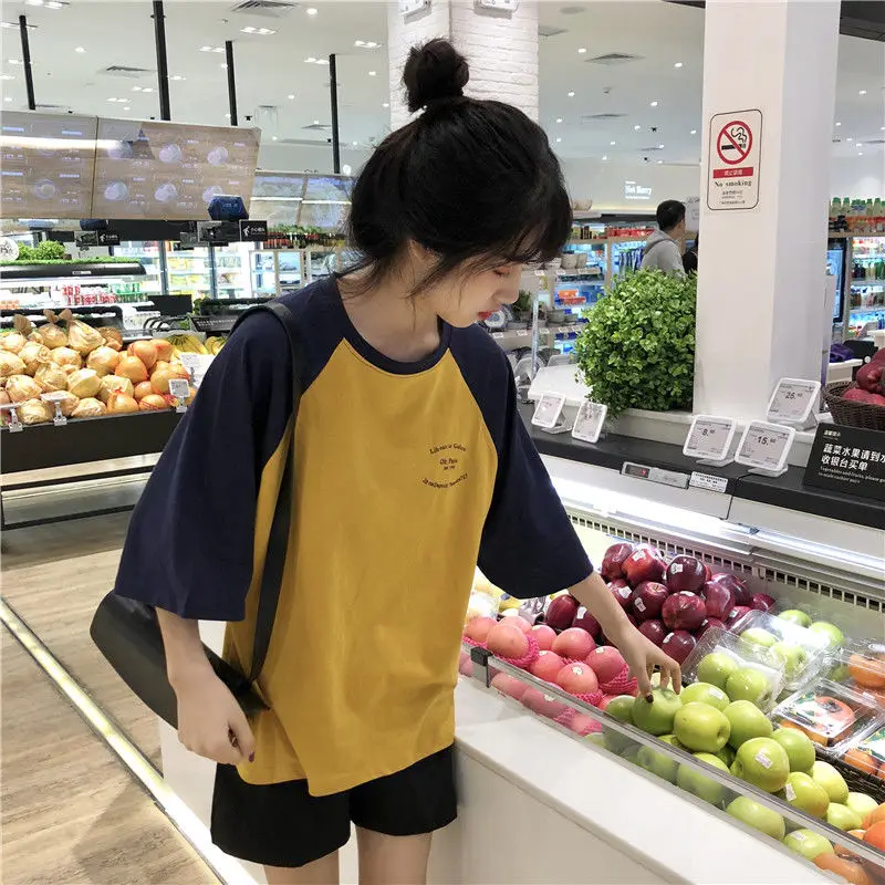 Women 5 Quarter Short Raglan Sleeve T-shirts Casual Patchwork Loose PopularO-neck Lazy Korean Style Simple Vintage584_voghion.com