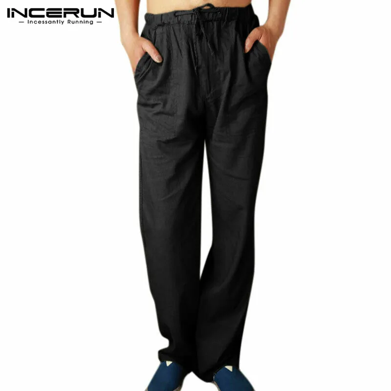 INCERUN мужские брюки с эластичной резинкой на талии джоггеры однотонные Ретро Уличная повседневные Прямые брюки мужские мешковатые хлопковые льняные спортивные брюки