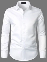 Chemise à manches longues pour hommes, boutons à l'avant, couleur unie, décontracté, de luxe, bureau, blanc pur, Business, Slim Fit 