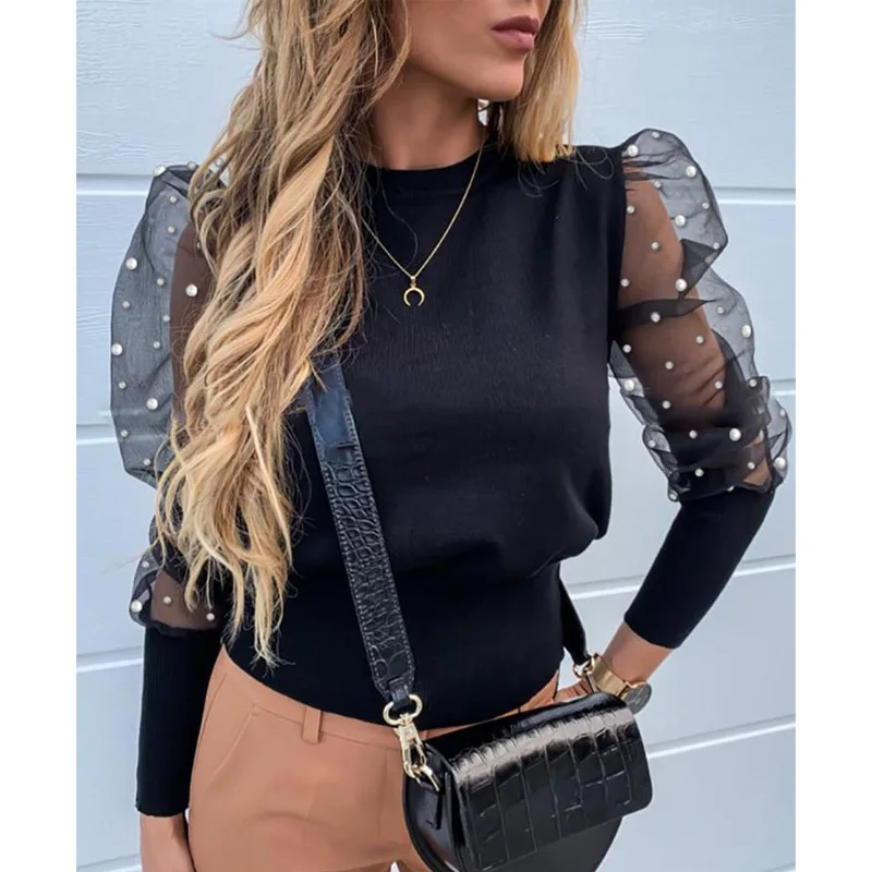 Женская блузка с цветочной вышивкой из прозрачной сетки длинным рукавом и