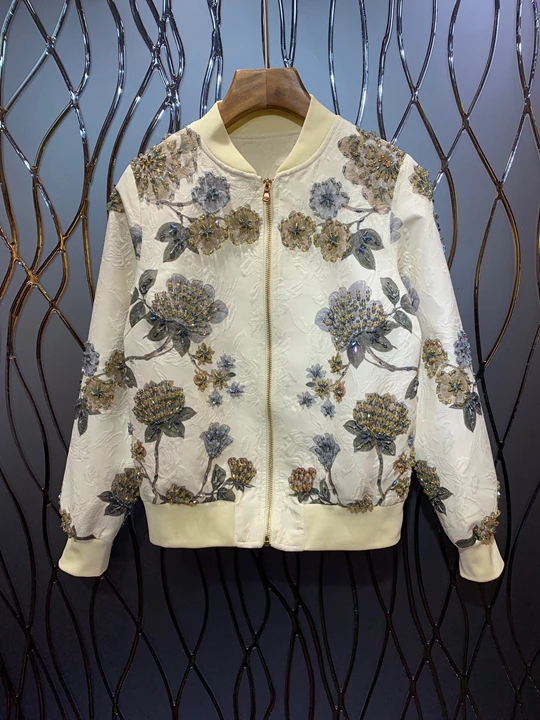 

Early Autumn, 2019 New Women's Embroidery Jacquard Decorative Zipper Long Sleeve Hundred Short Jacket 803
